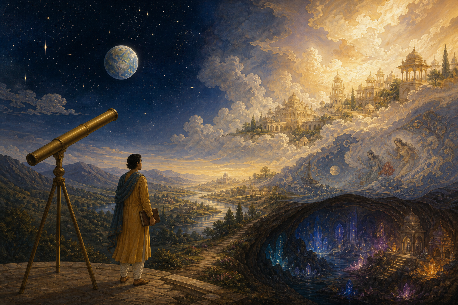 A reader looks from a small sphere in space toward several larger and visually distinct realms of existence.