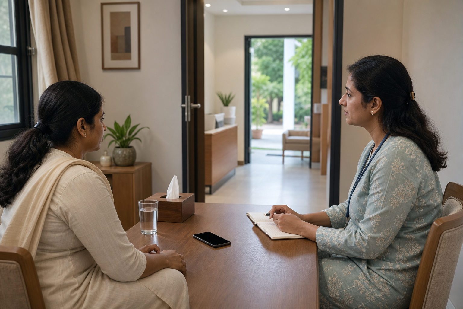 A woman speaks privately with a female counselor at a table with water, tissues, and a phone near an open doorway.