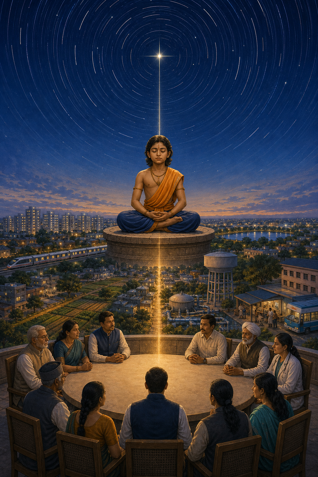 A meditating young prince stands beneath a bright pole star while civic decision-makers overlook a city of homes, farms, public services, and transit.