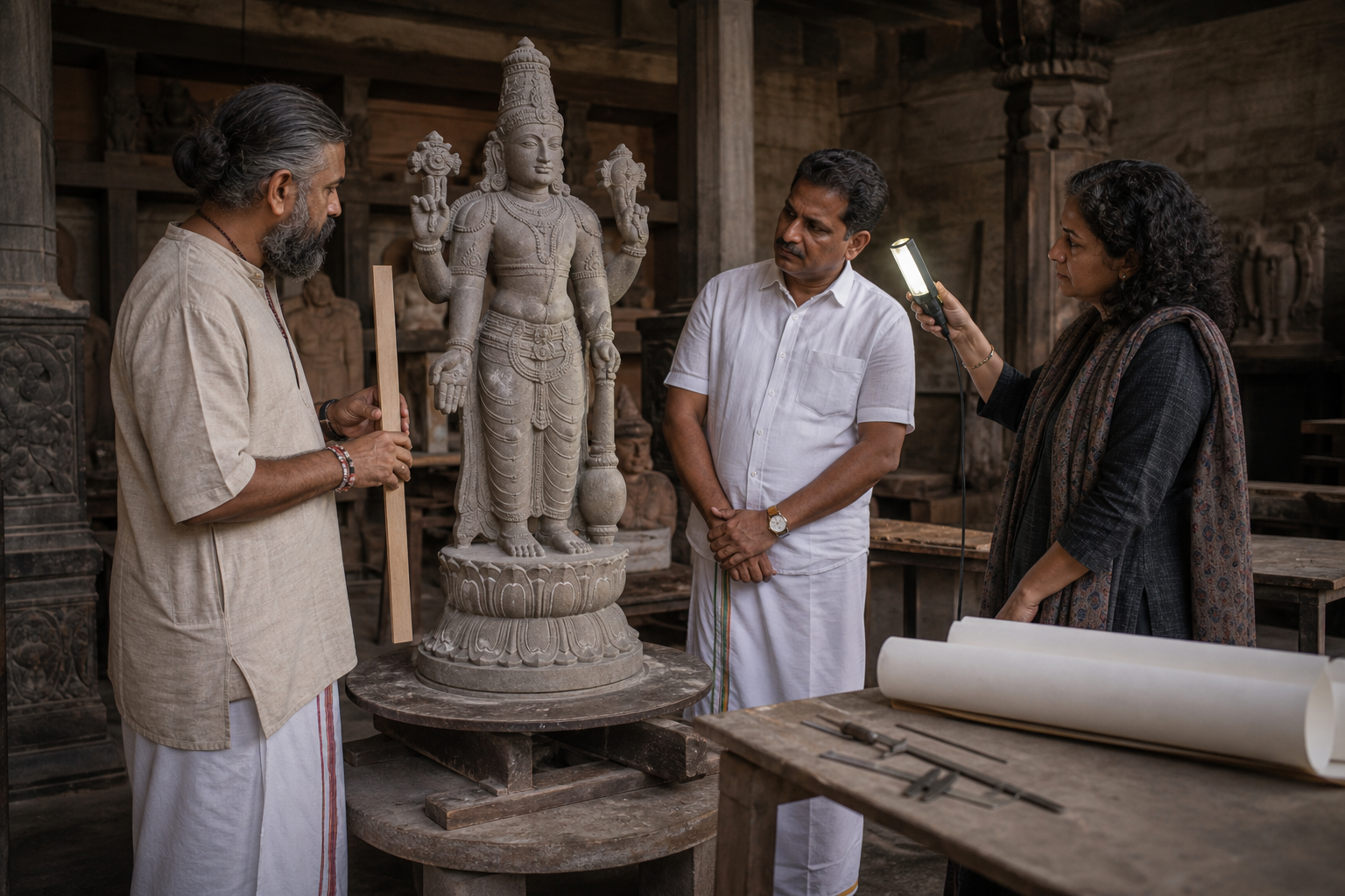 An artisan, temple representative, and conservator examine a stone murti on a workshop platform using a straightedge and raking light.