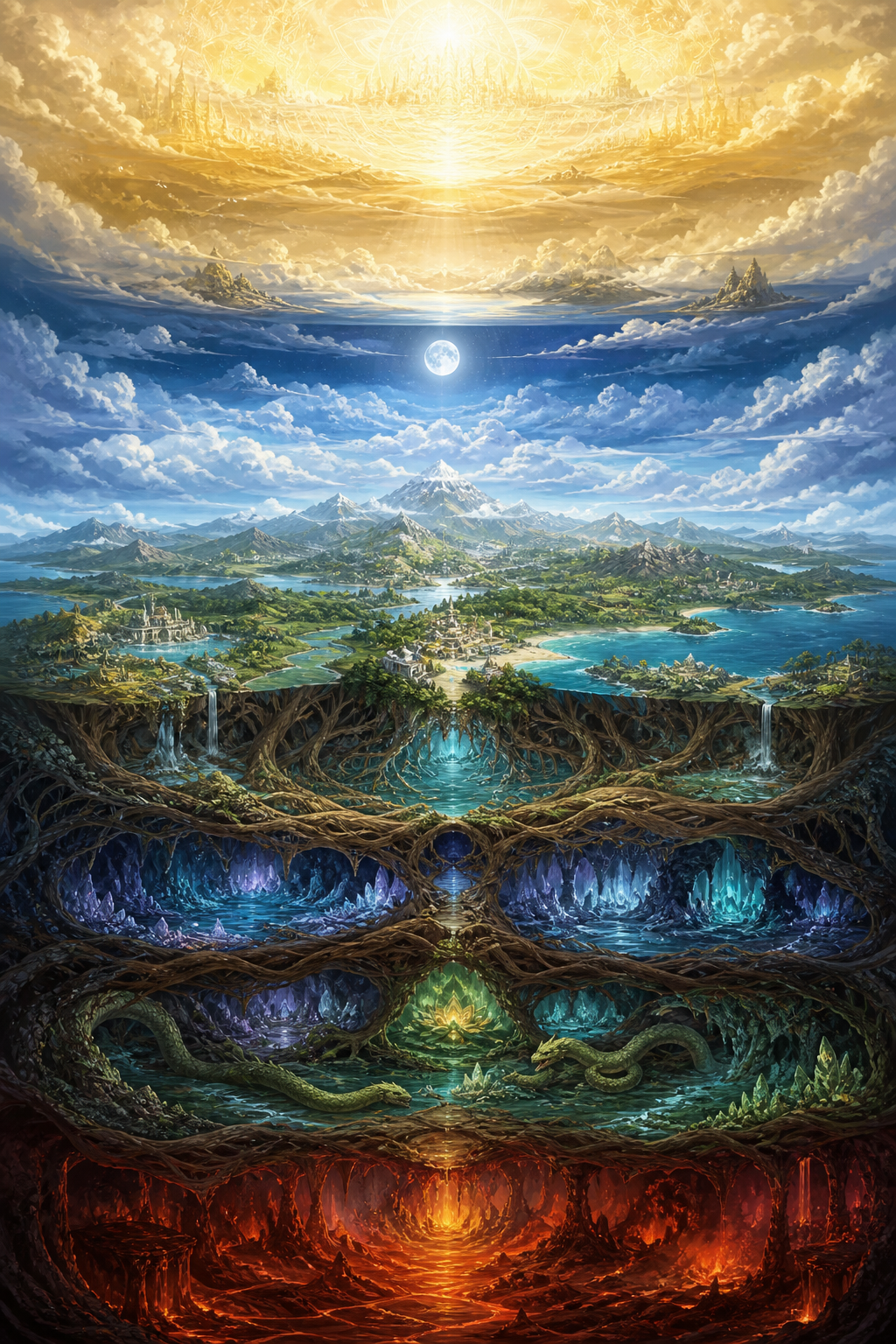 A vertical view shows an earthly landscape between several luminous upper regions and varied subterranean regions.