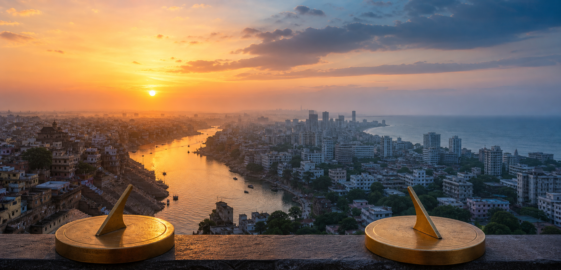 Two contrasting Indian city landscapes at sunrise, each with an unmarked brass sundial-like instrument in the foreground.