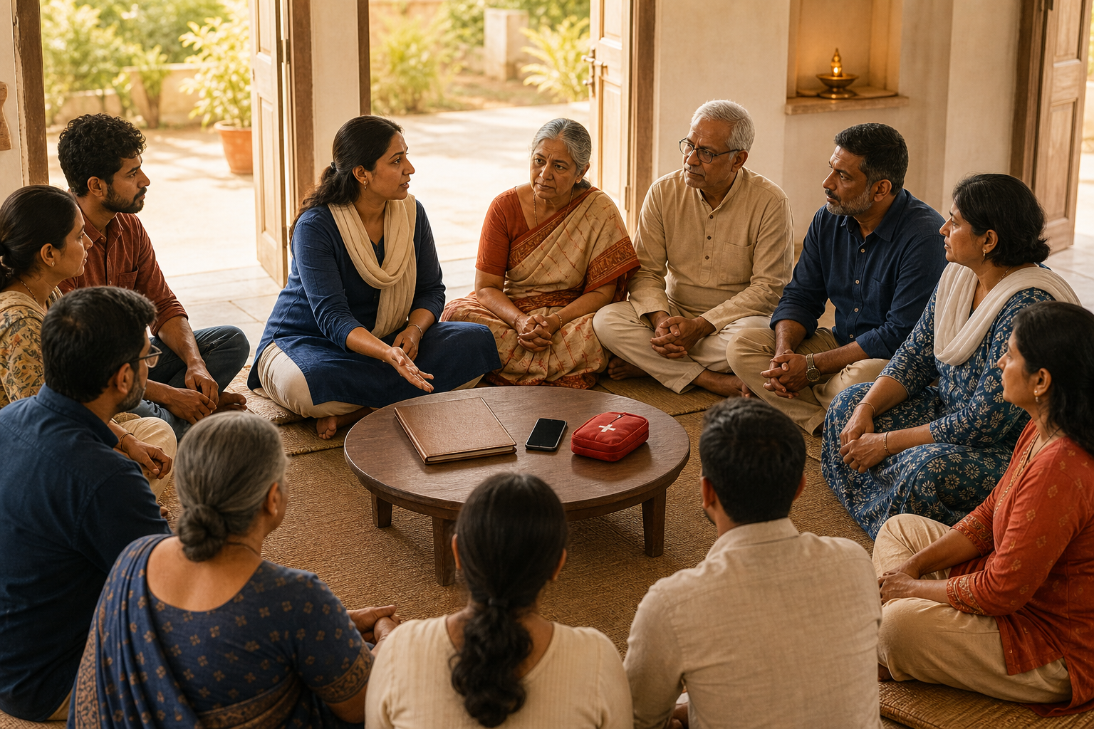 Indian community members sit in a calm listening circle around a table holding a closed folder, a phone, and a first-aid pouch.