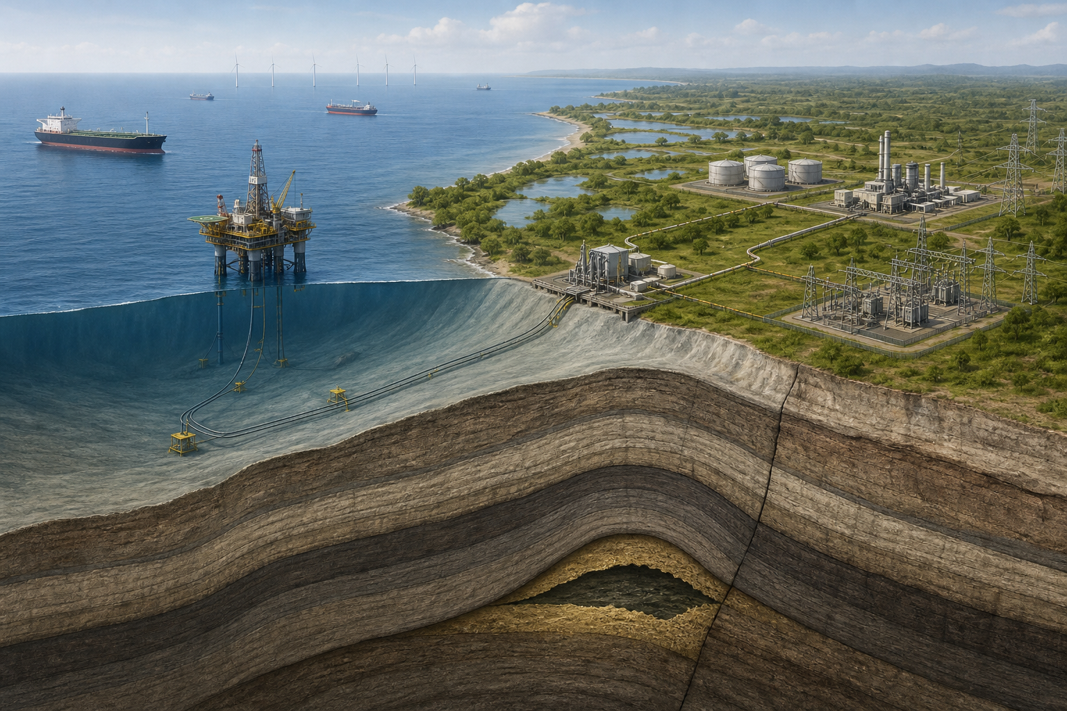 A cutaway view shows an offshore reservoir and platform connected by subsea pipelines to coastal storage and energy infrastructure.