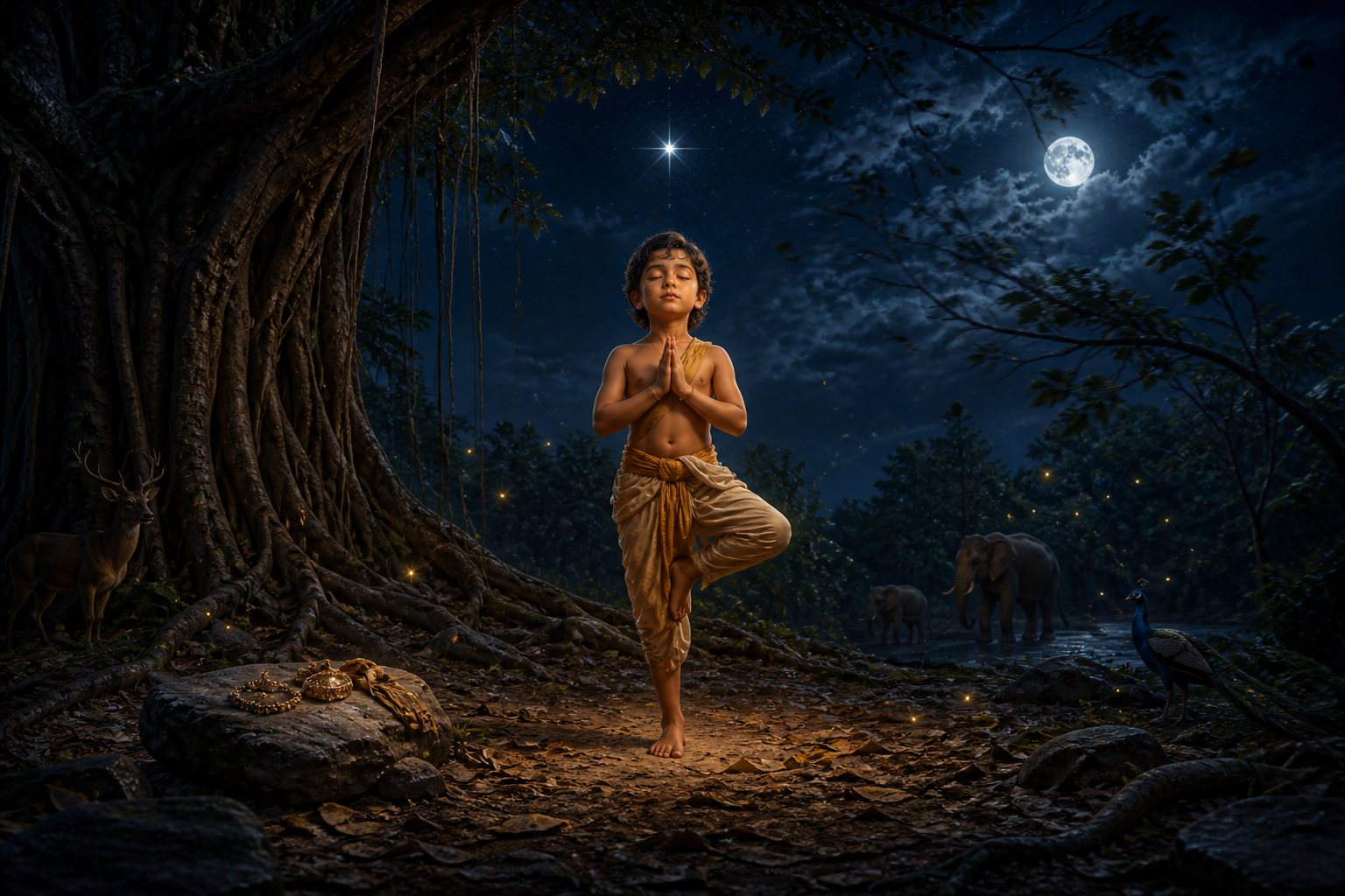 Young Dhruva stands in meditation beneath a fixed star as wind moves the trees and animals gather in a moonlit forest.
