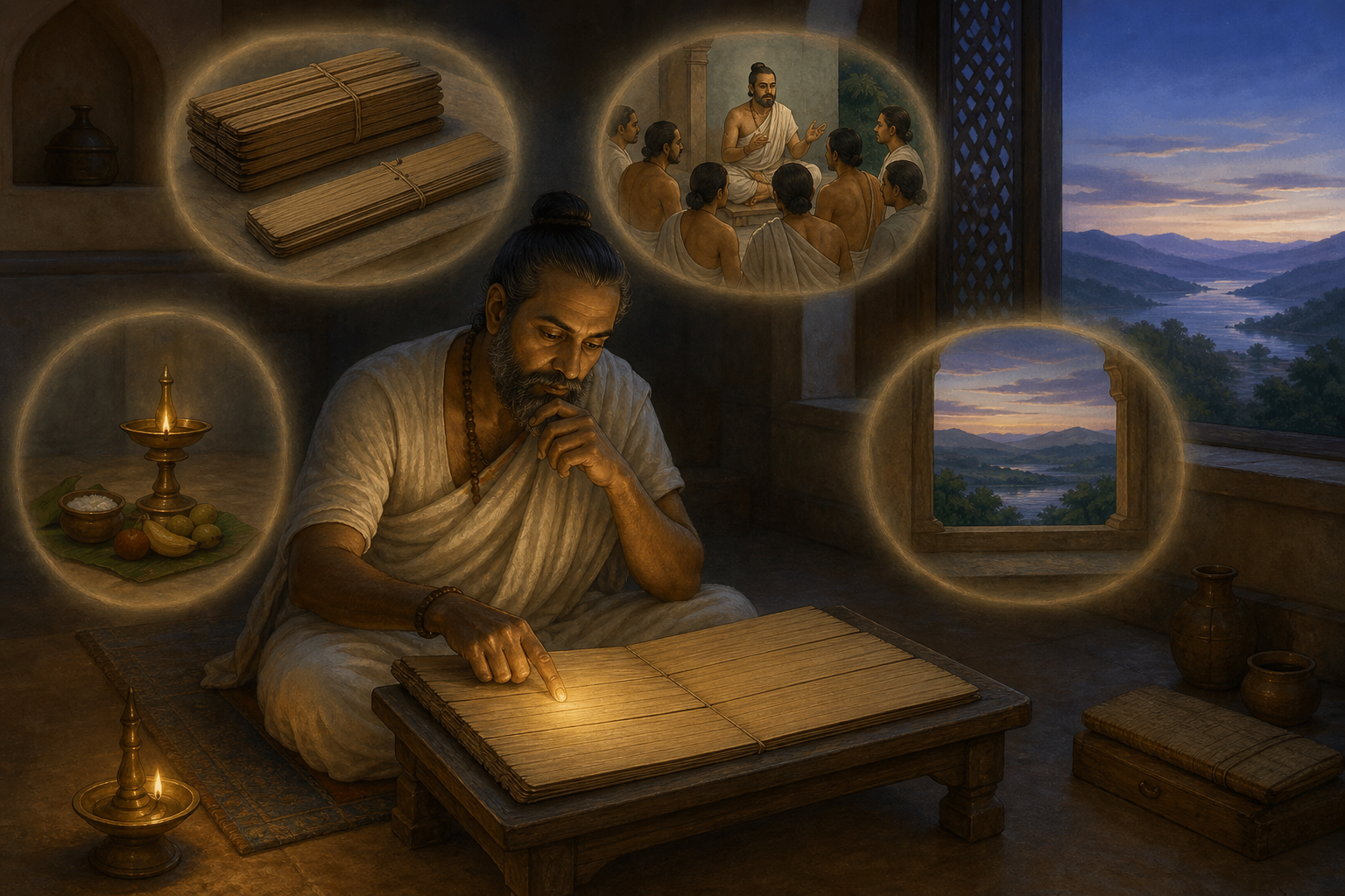 A seated scholar studies an unmarked palm-leaf manuscript surrounded by four illuminated contextual scenes.