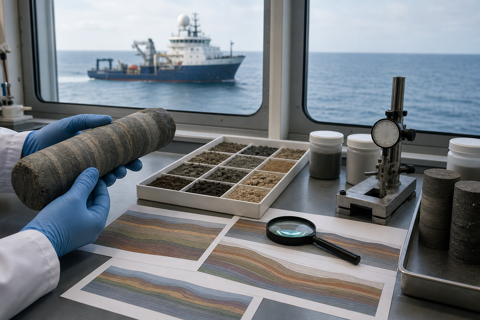 Researchers examine a rock core and sediment samples beside abstract seismic profiles in an offshore laboratory.