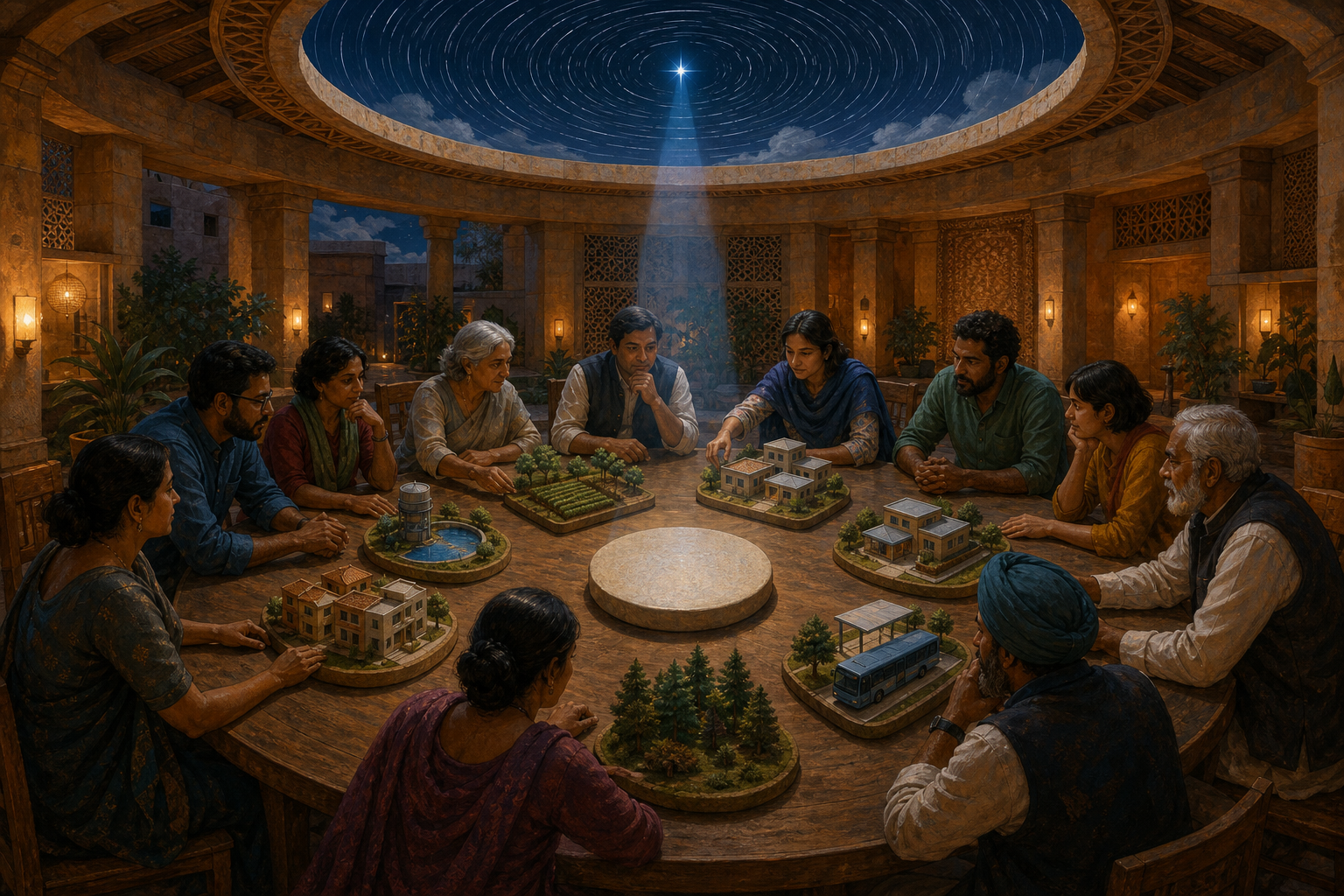 A civic council arranges models of public services around an unmarked central stone illuminated by a pole star.