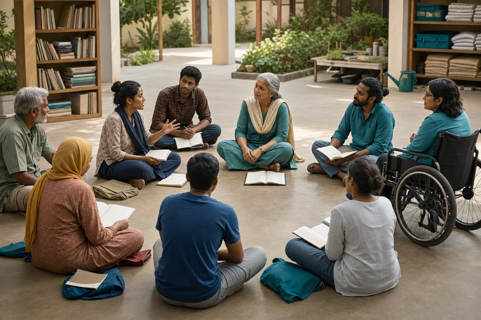 A diverse group of adult learners and a teacher sit in a circle with open books in an accessible shaded courtyard.