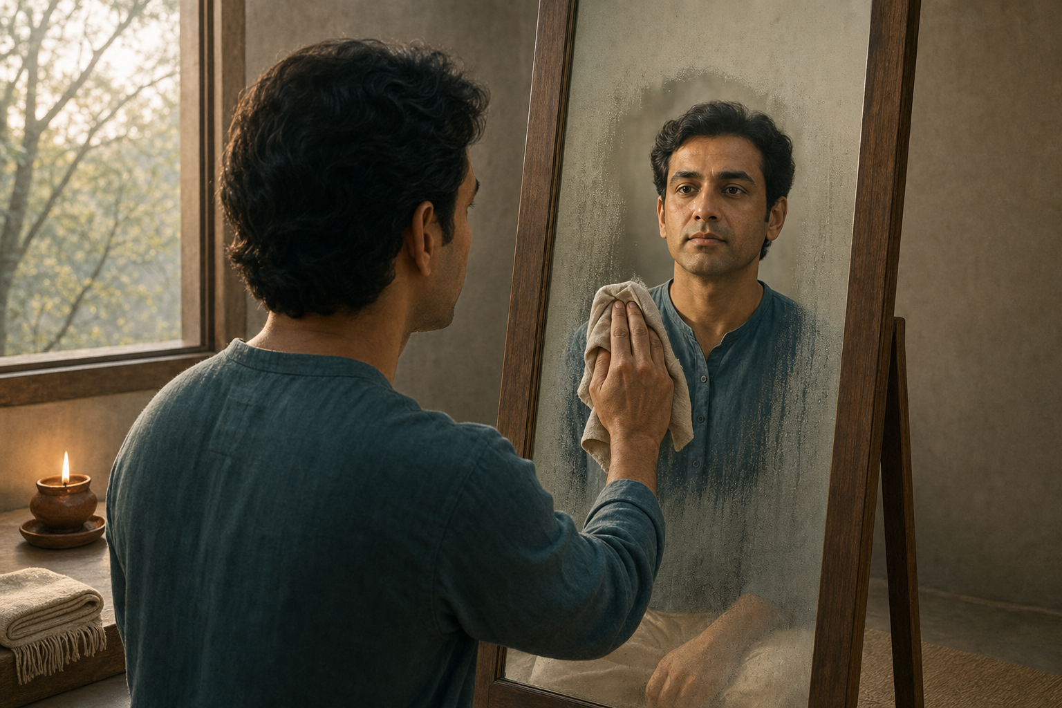 A seated person clears condensation from a mirror and looks attentively at their undistorted reflection.
