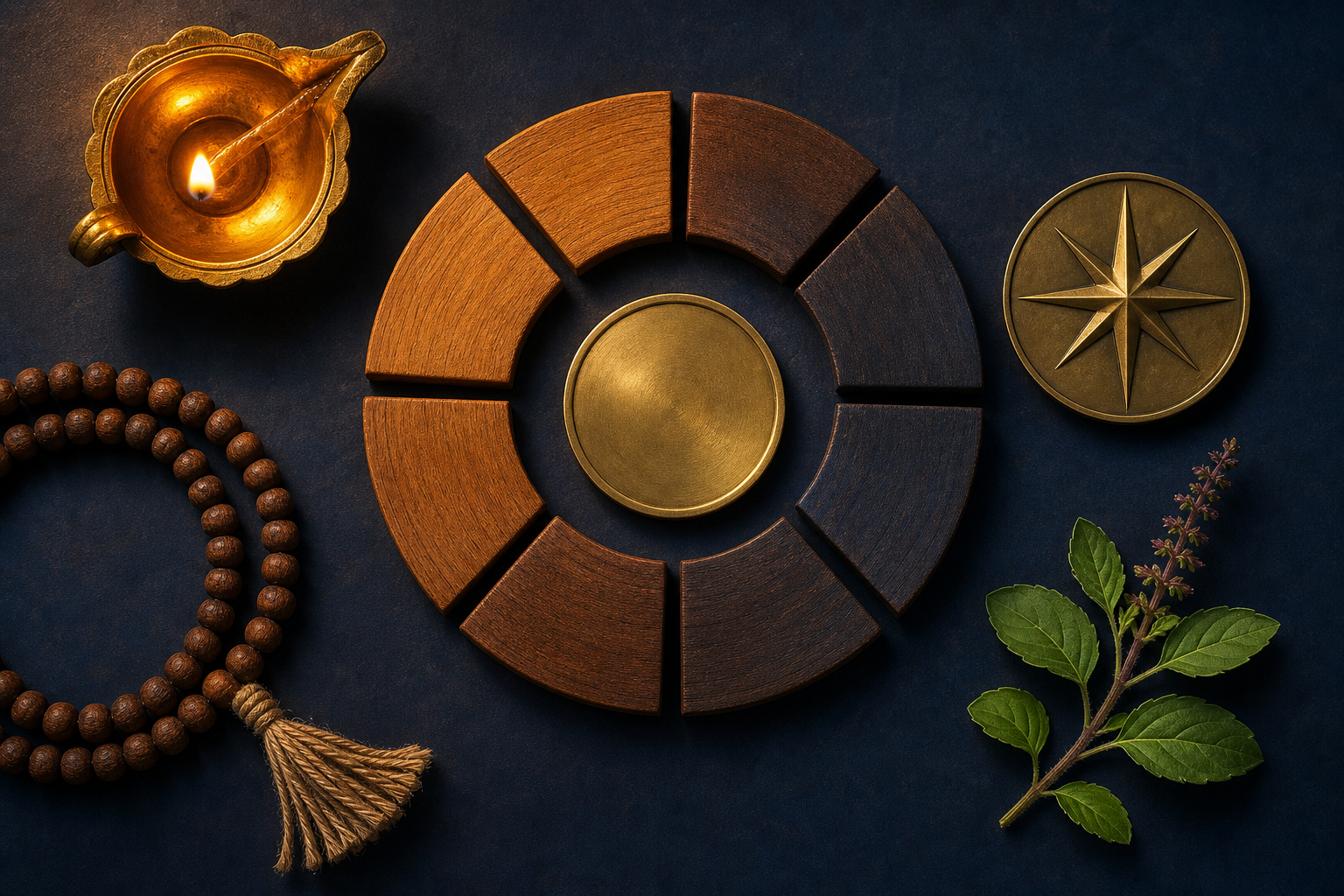 An overhead arrangement of an unmarked brass dial, light and shadow segments, prayer beads, an oil lamp, and a basil sprig on an indigo surface.