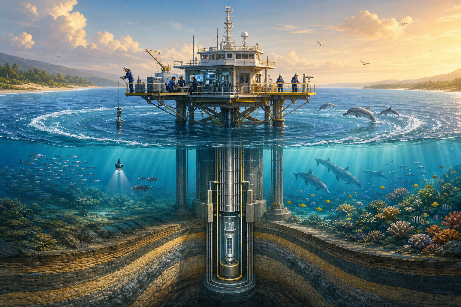 A circular ocean current surrounds a research platform above a safeguarded exploratory well, with marine life and a clean coast nearby.