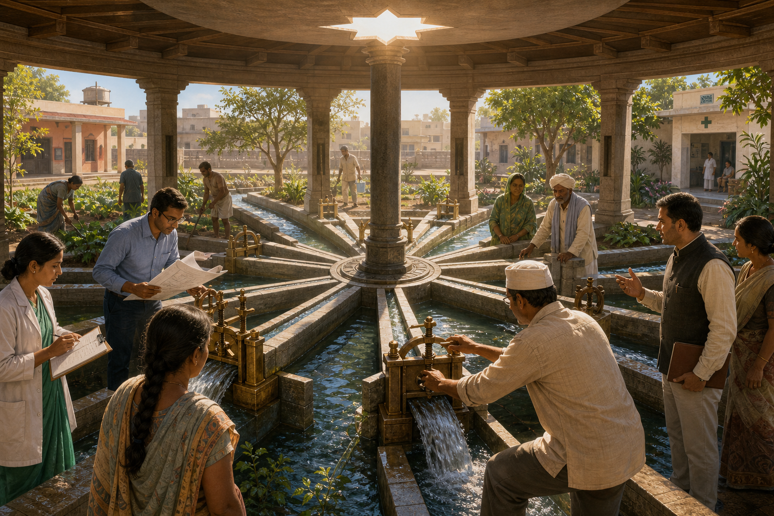 Public workers and community members adjust a circular water system around a fixed central pillar to serve gardens, crops, homes, and a clinic.