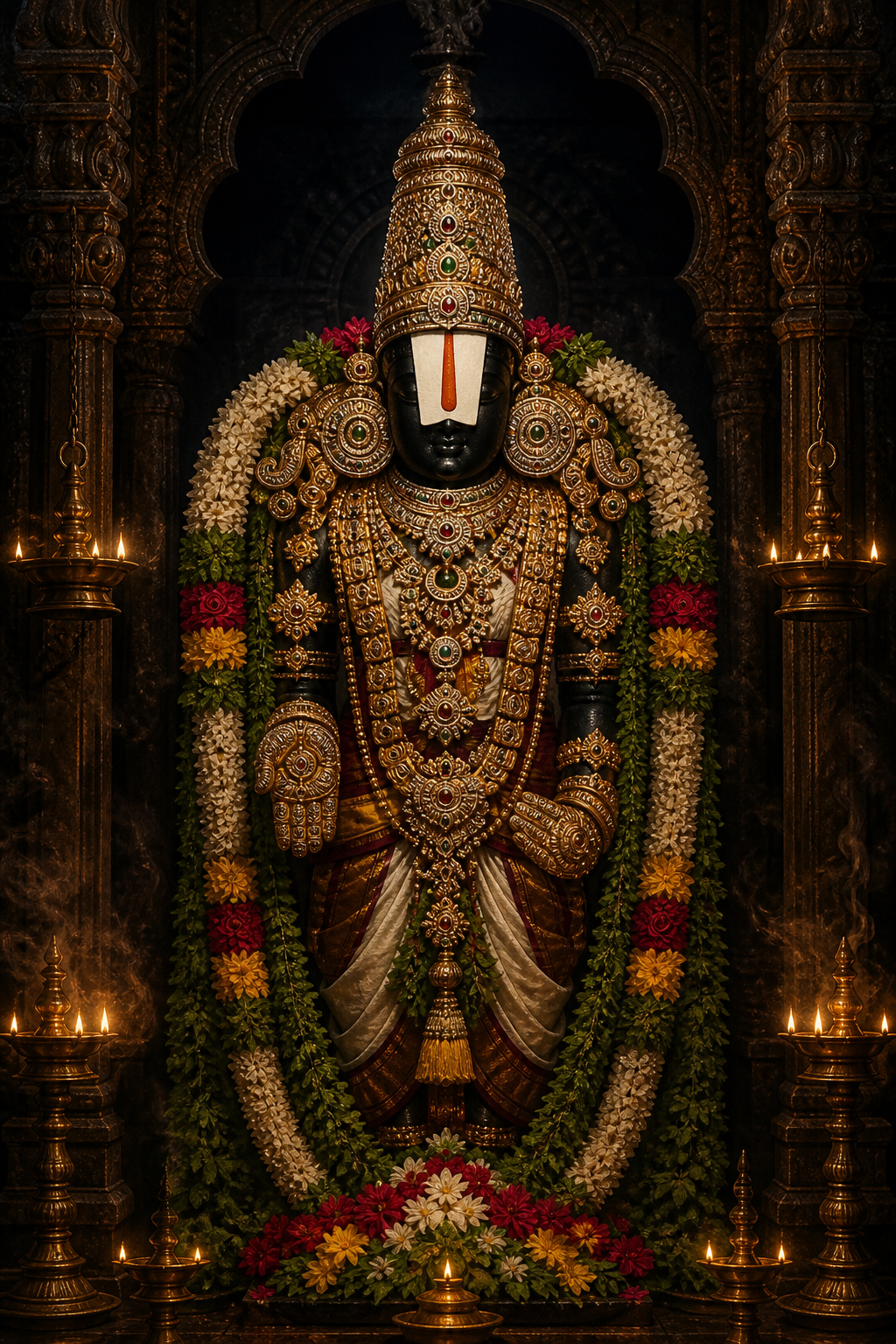 Frontal devotional illustration of Lord Venkateswara in a dark stone sanctum, with a bright white and red Namam, jeweled crown, flower garlands, gold ornaments, and oil lamps.