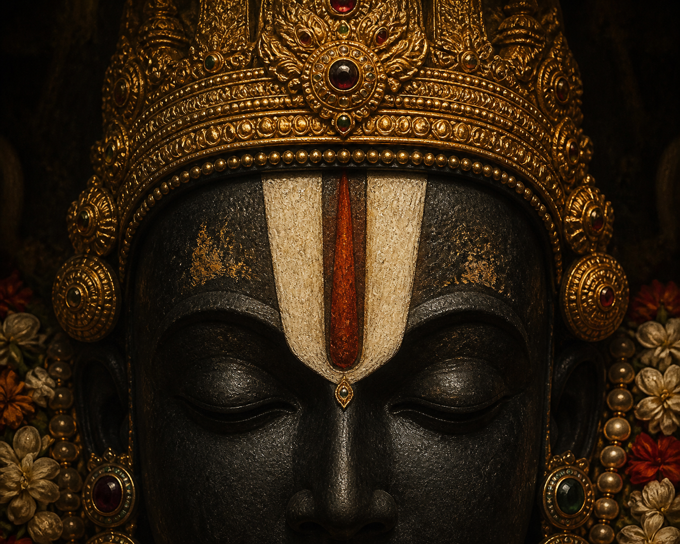 Close view of Venkateswara's dark-stone face and crown, centered on the white Vaishnava Namam and its narrow red-ochre middle line.