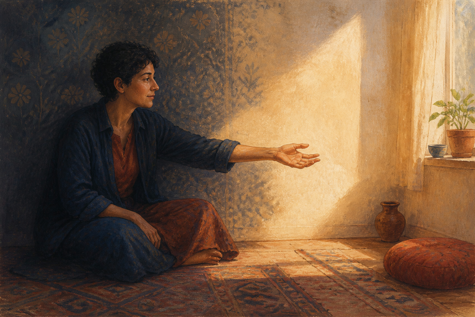 An adult seated beside a patterned wall extends one hand into warm window light while their muted clothing blends with the shaded room.
