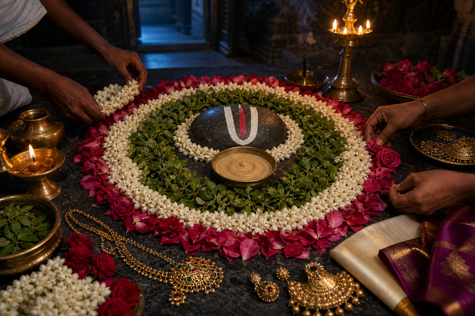 Hands of temple attendants arranging flower garlands, tulasi, silk, gold ornaments, sandal paste, and an oil lamp on a dark stone surface.