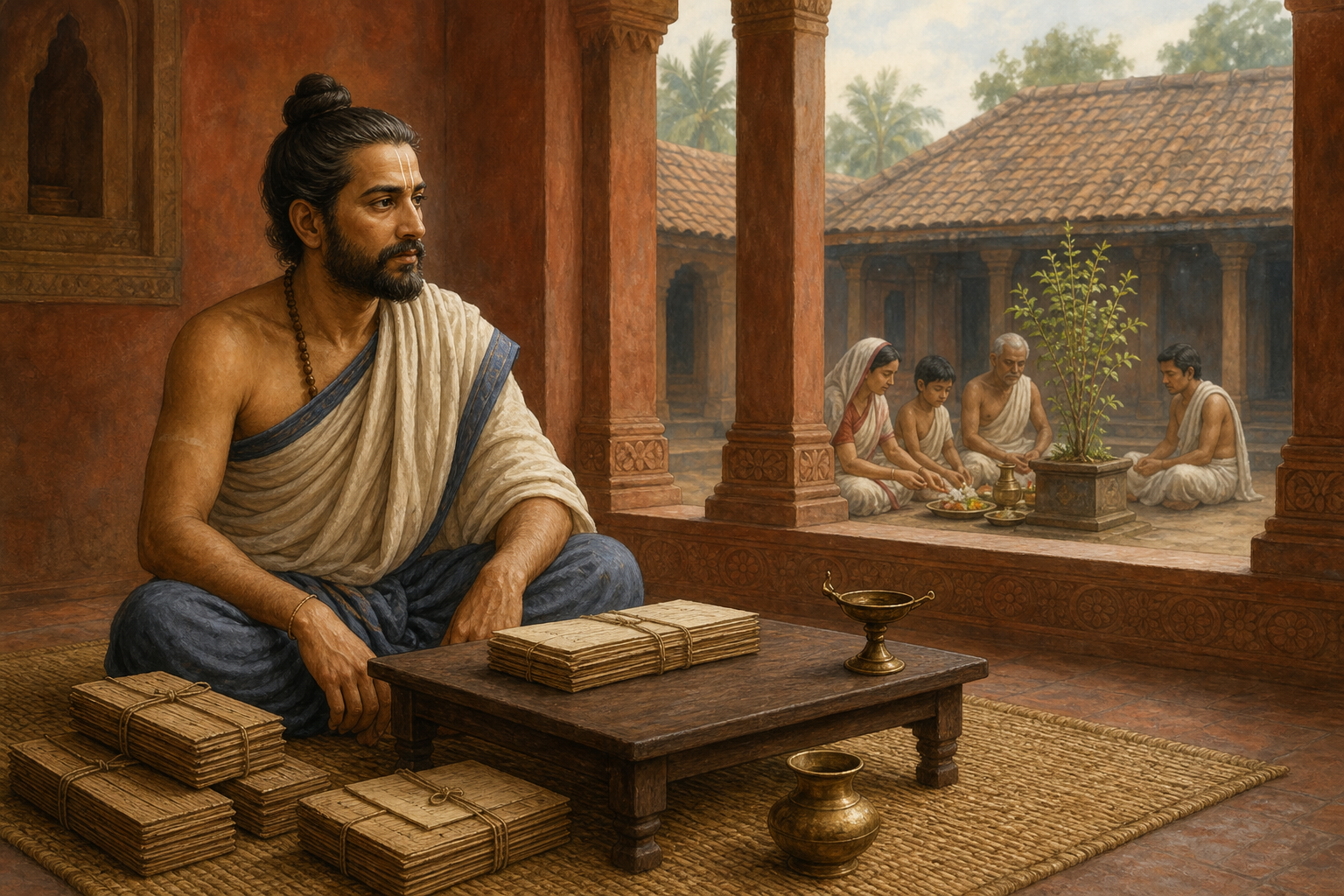 A medieval Bengali jurist sits beside tied palm-leaf manuscripts while a household prepares an ancestral offering in a terracotta courtyard.