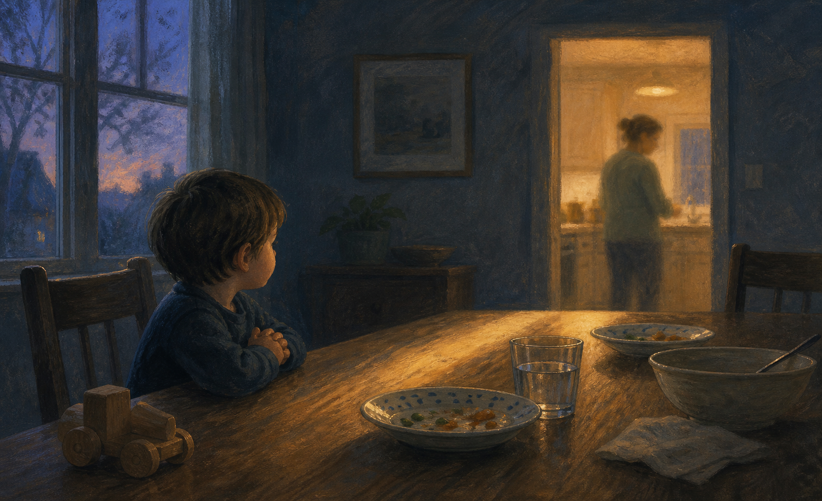 A child sits quietly at a dining table and looks toward a softly blurred adult standing in a kitchen doorway.