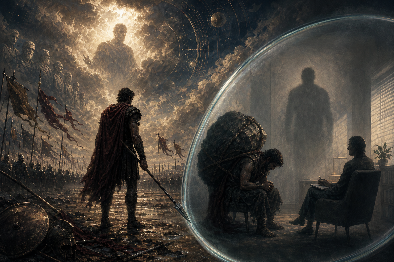 An ancient warrior and battlefield are transformed into a modern counseling room when viewed through a large translucent lens.