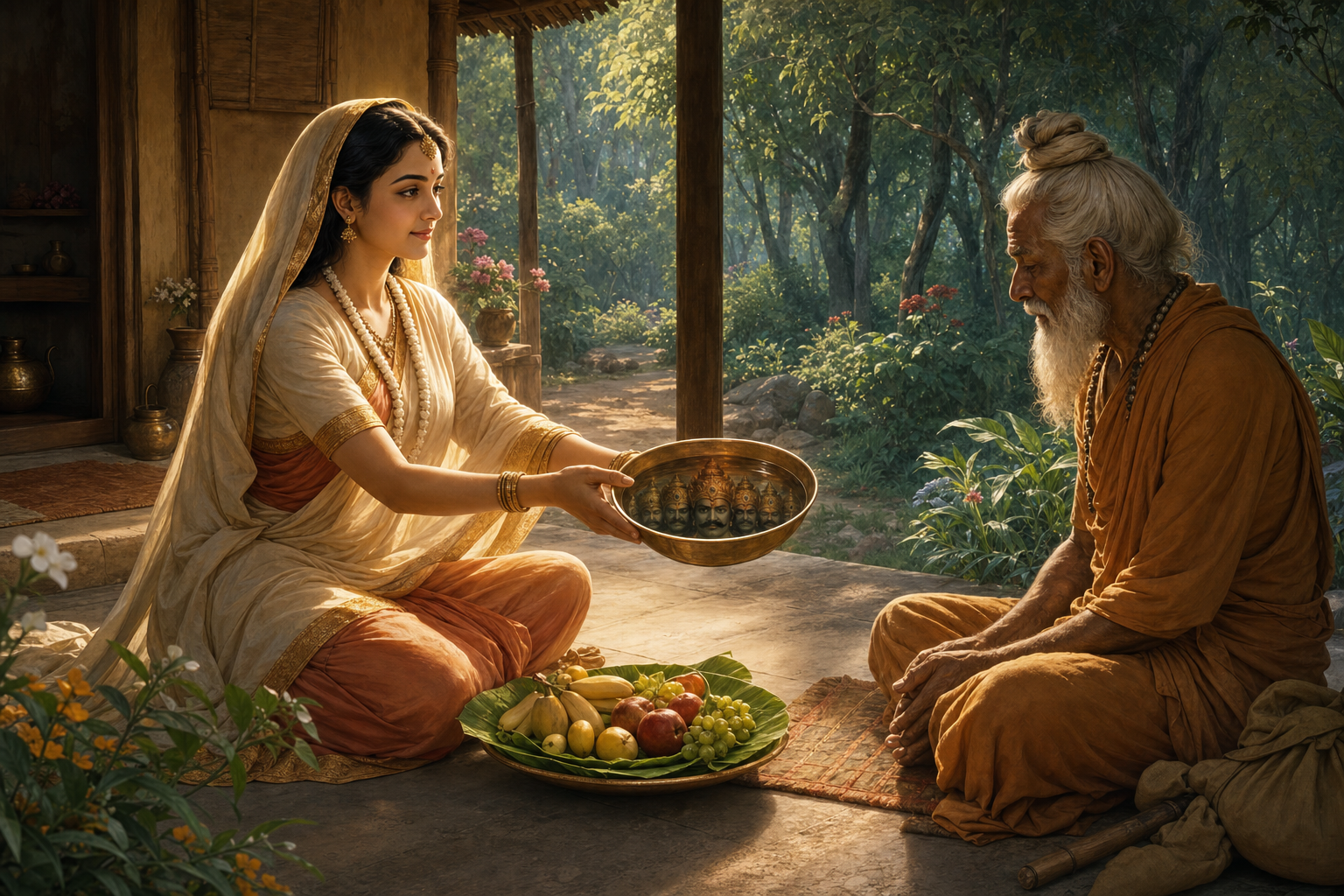 Sita offers water and fruit to an elderly mendicant at her forest dwelling, while the bowl reflects Ravana's concealed crowned identity.