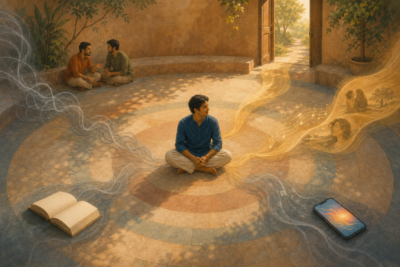 A seated person in a circular courtyard is surrounded by friends, a book, a phone, trees, and flowing ribbons that symbolize different sources of influence.