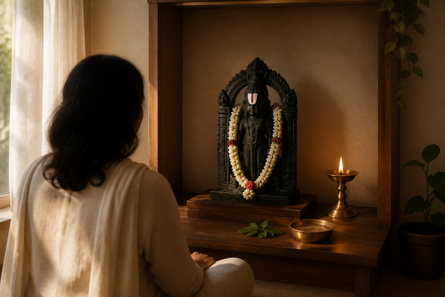 Simple home shrine with a small Venkateswara icon, brass oil lamp, water vessel, tulasi leaves, flowers, and a seated devotee viewed from behind.