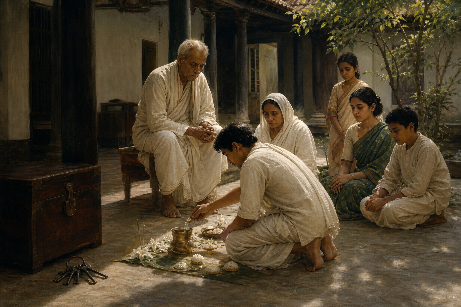 A family gathers around an ancestral offering in a Bengali courtyard, with a closed property chest resting in the shadows nearby.
