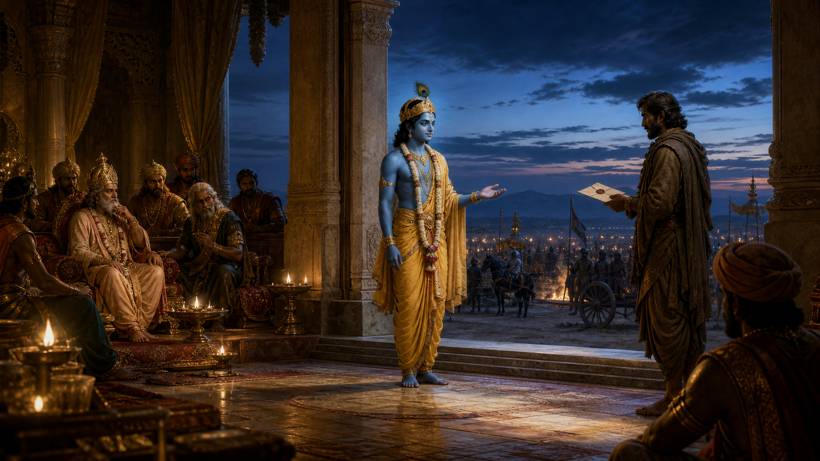 Krishna stands unarmed at the entrance to a lamplit royal court while counselors meet, a scout delivers a sealed message and an army camp glows in the distance.