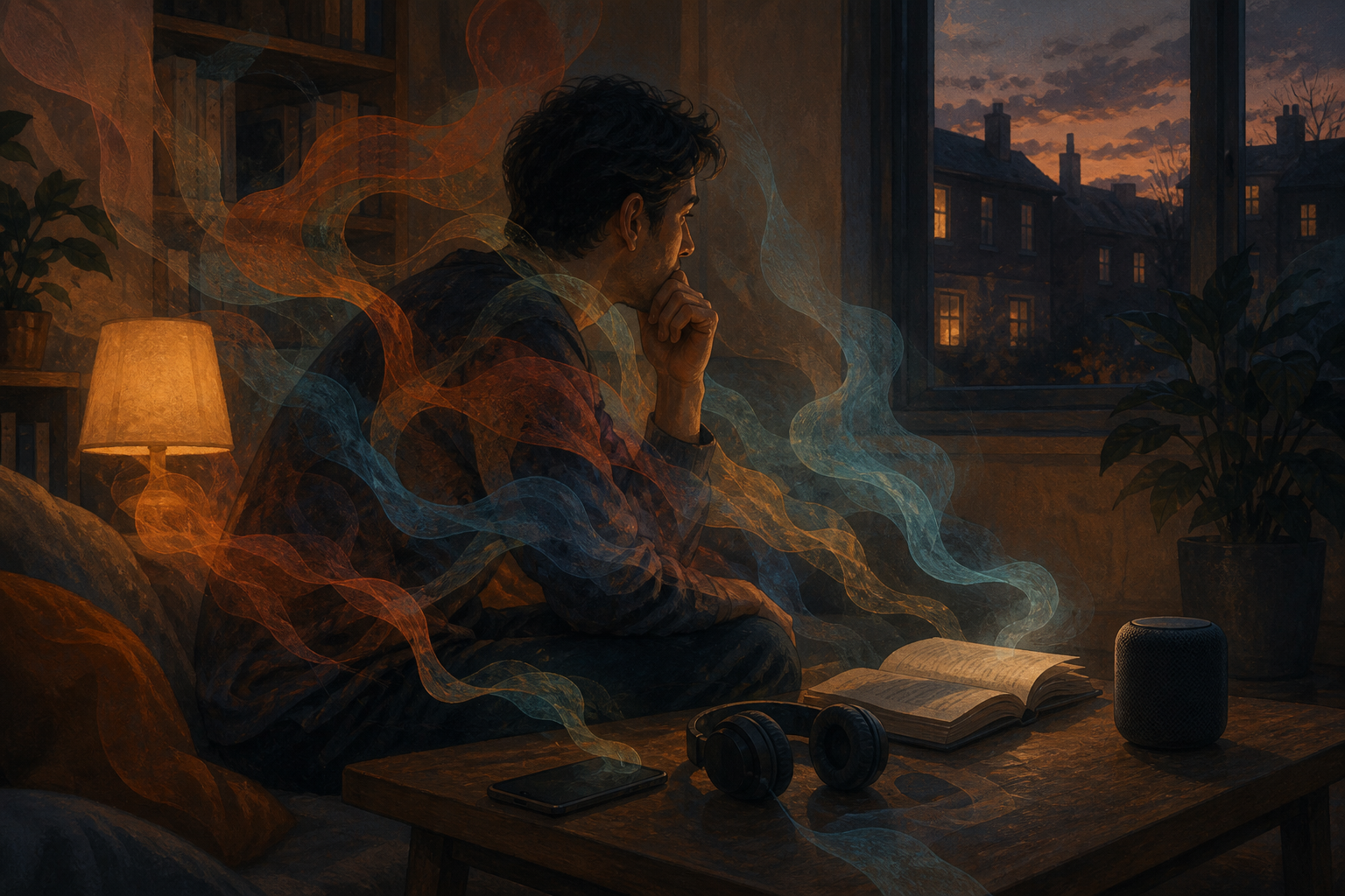 A person sits near a phone, headphones, speaker, book, and window as colored light from each source gathers around them.