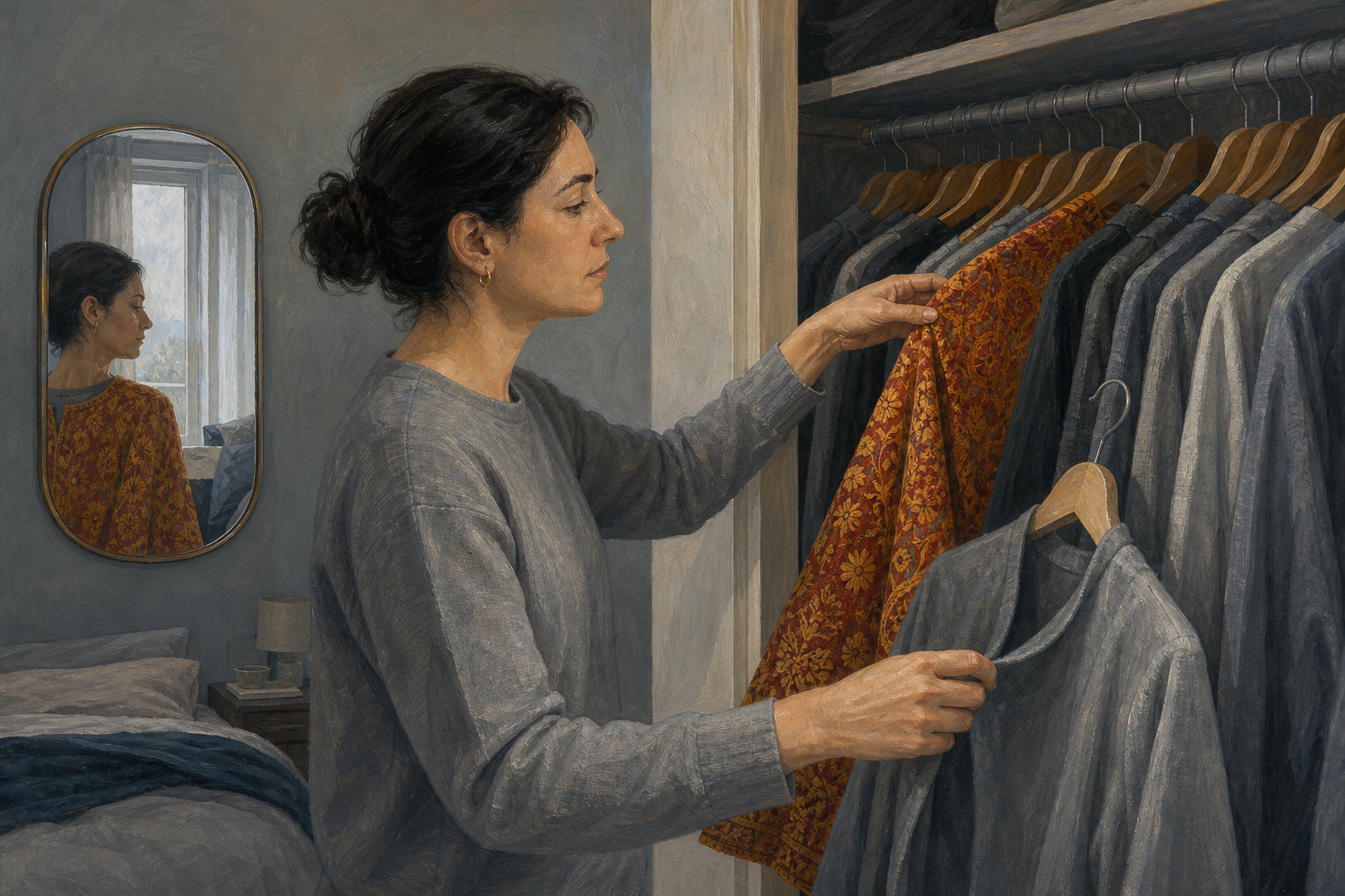 An adult pauses at an open wardrobe with one hand near a colorful patterned garment and the other holding a plain gray garment.