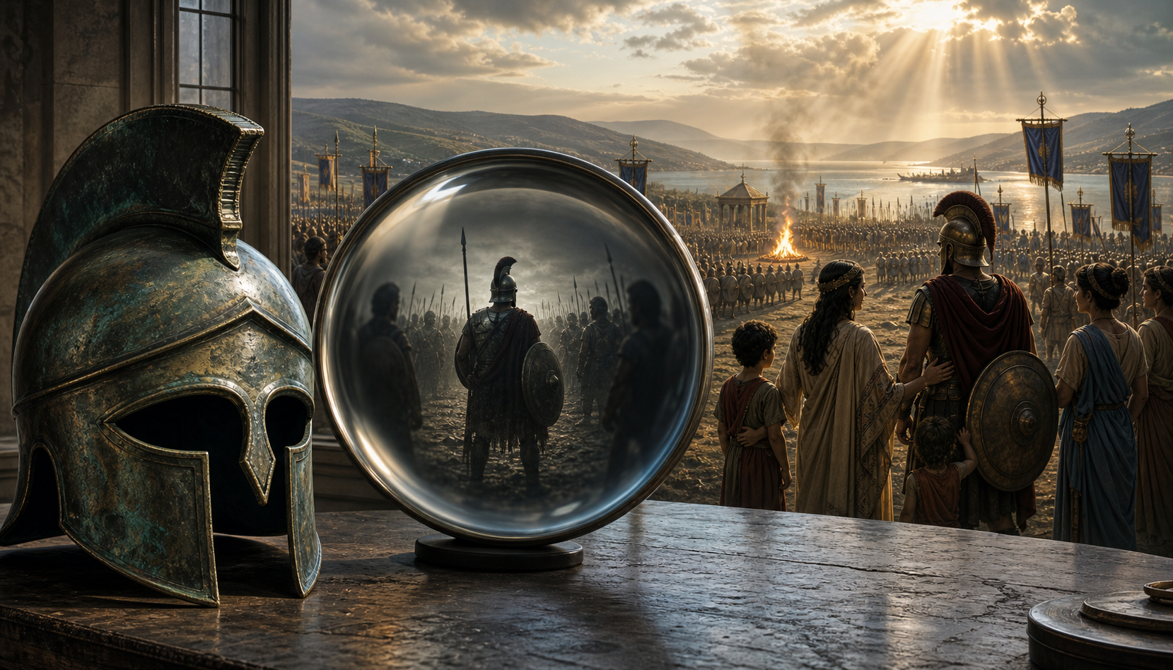 A glass lens beside a bronze helmet isolates one remorseful soldier within a broader ritual battlefield.