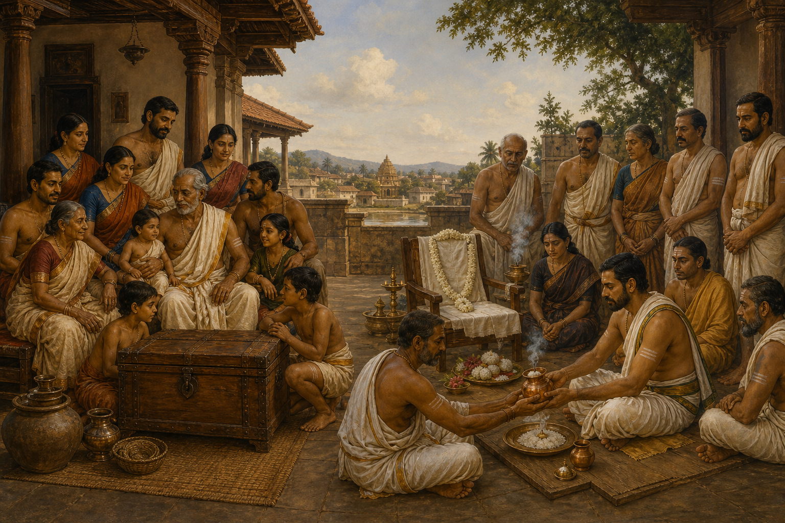 Two adjoining household scenes contrast a family centered on jointly held ancestral property with one centered on succession after an elder's death and ancestral rites.