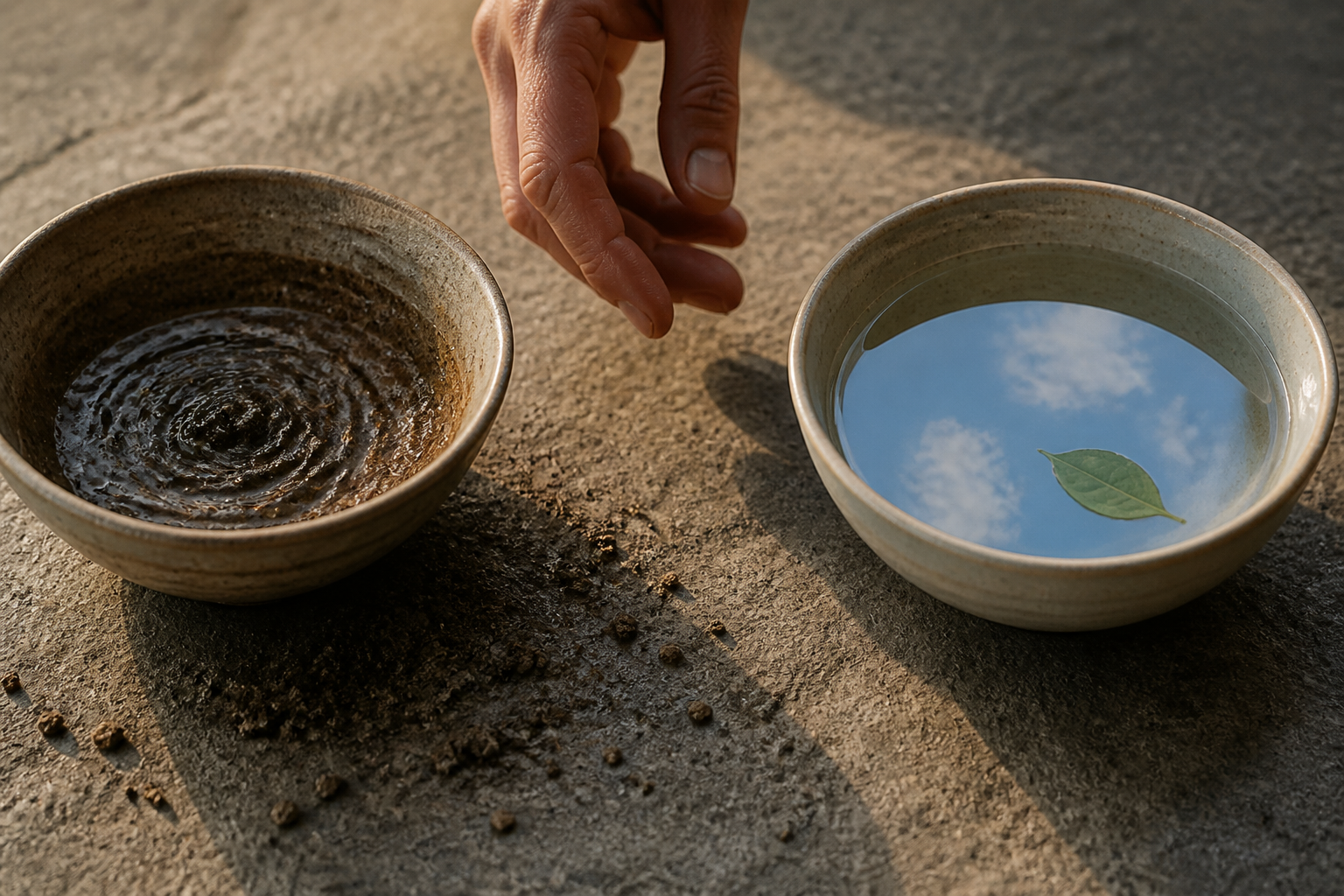 A hand pauses between two ceramic bowls, one with dark unsettled residue and the other with clear water and a green leaf.