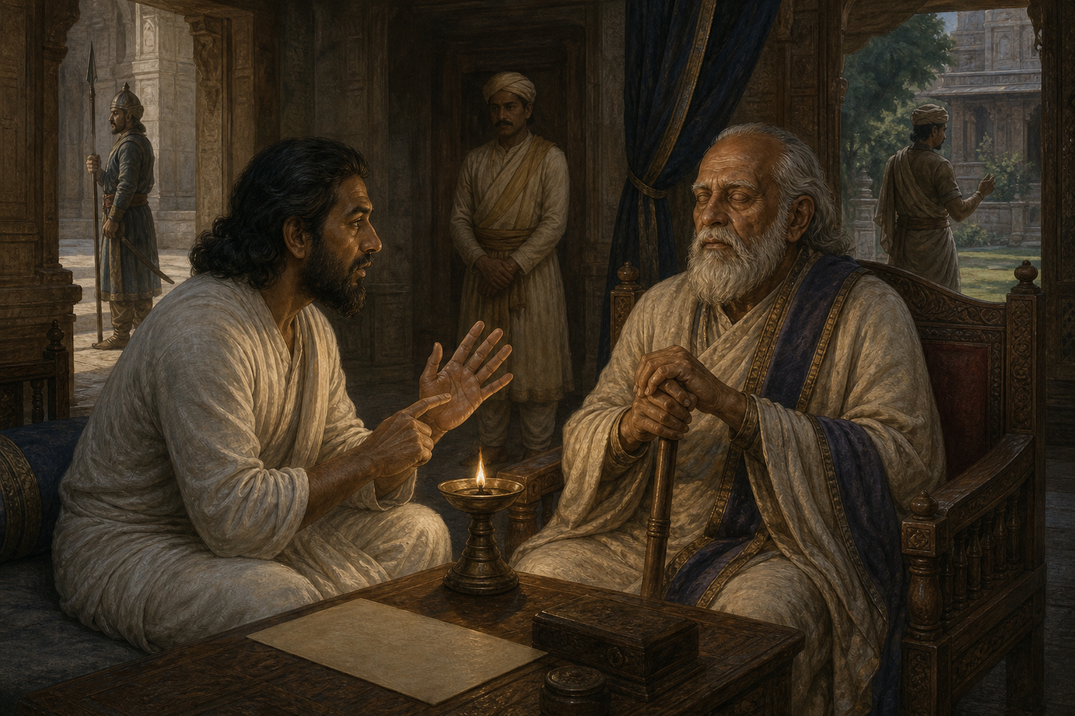 Vidura advises the blind king Dhritarashtra in a quiet palace chamber as a messenger, guard and attendant keep watch in the background.