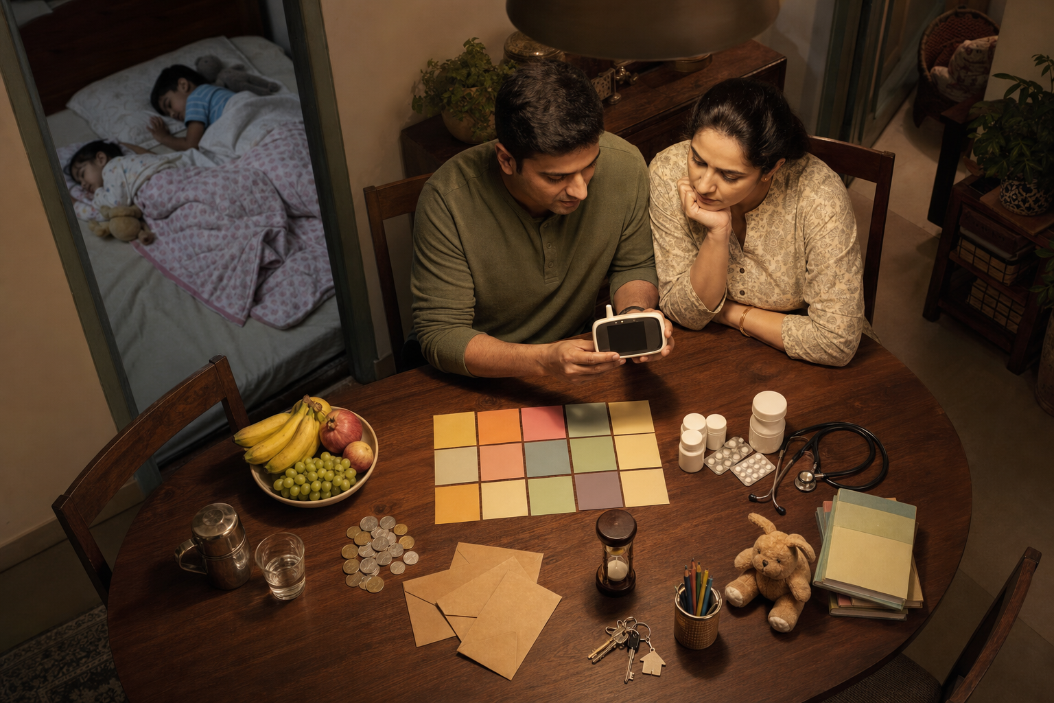 An Indian couple reviews coins, food, medicine, school supplies, keys, and caregiving items at a table while two children sleep in the next room.