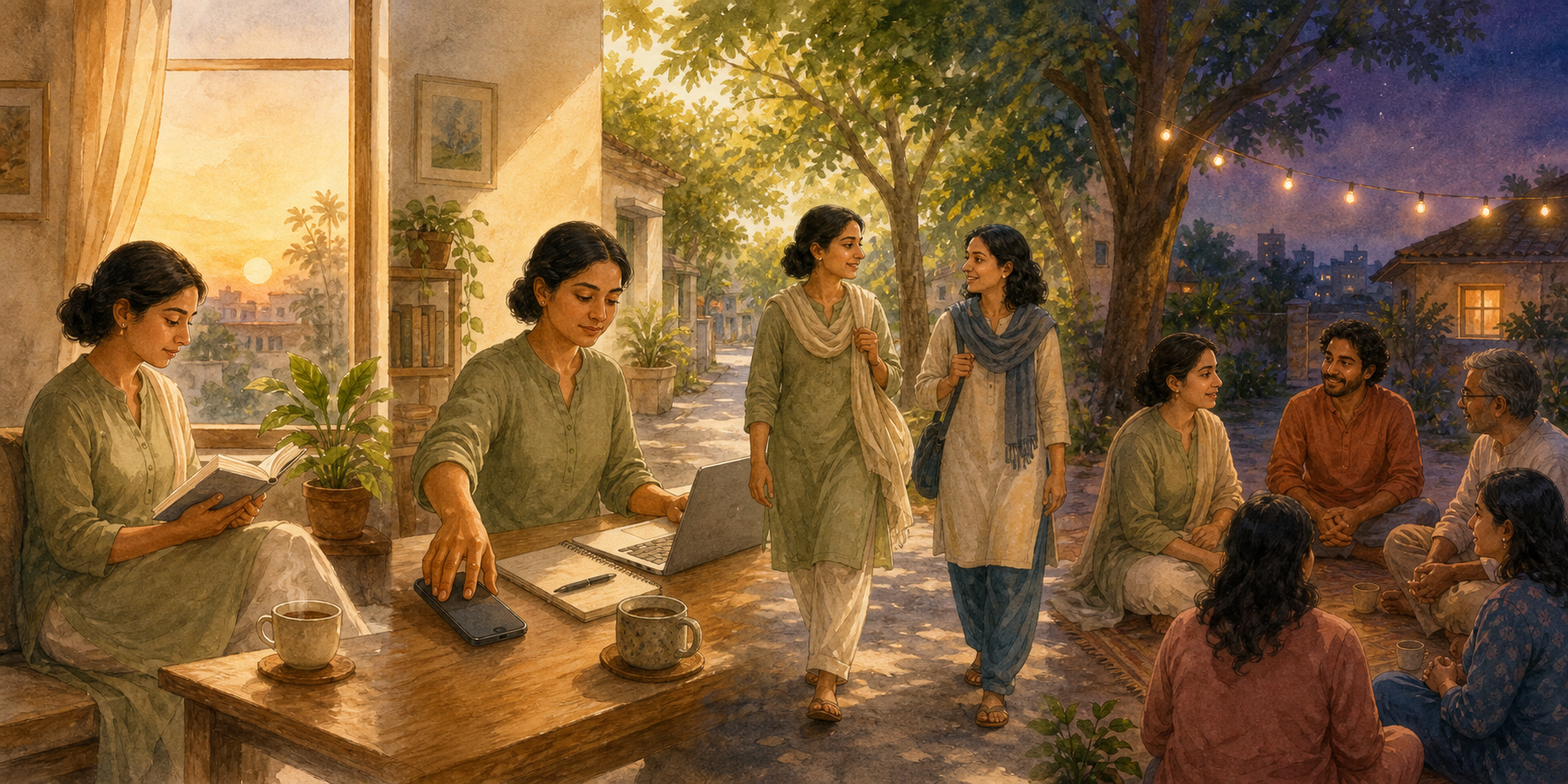 A continuous day scene shows one person reading at dawn, setting aside a phone, walking with a companion, and joining a quiet evening circle.