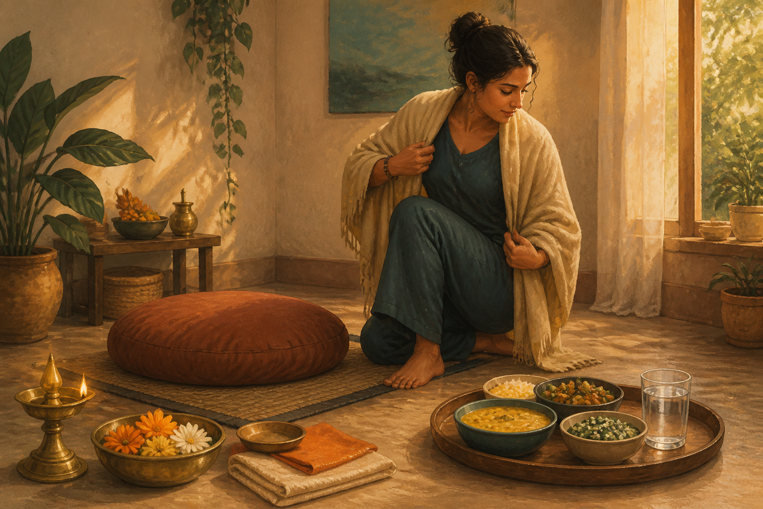 An adult rises from a meditation cushion toward a tray of food and water beside a small oil lamp and bowl of flowers.
