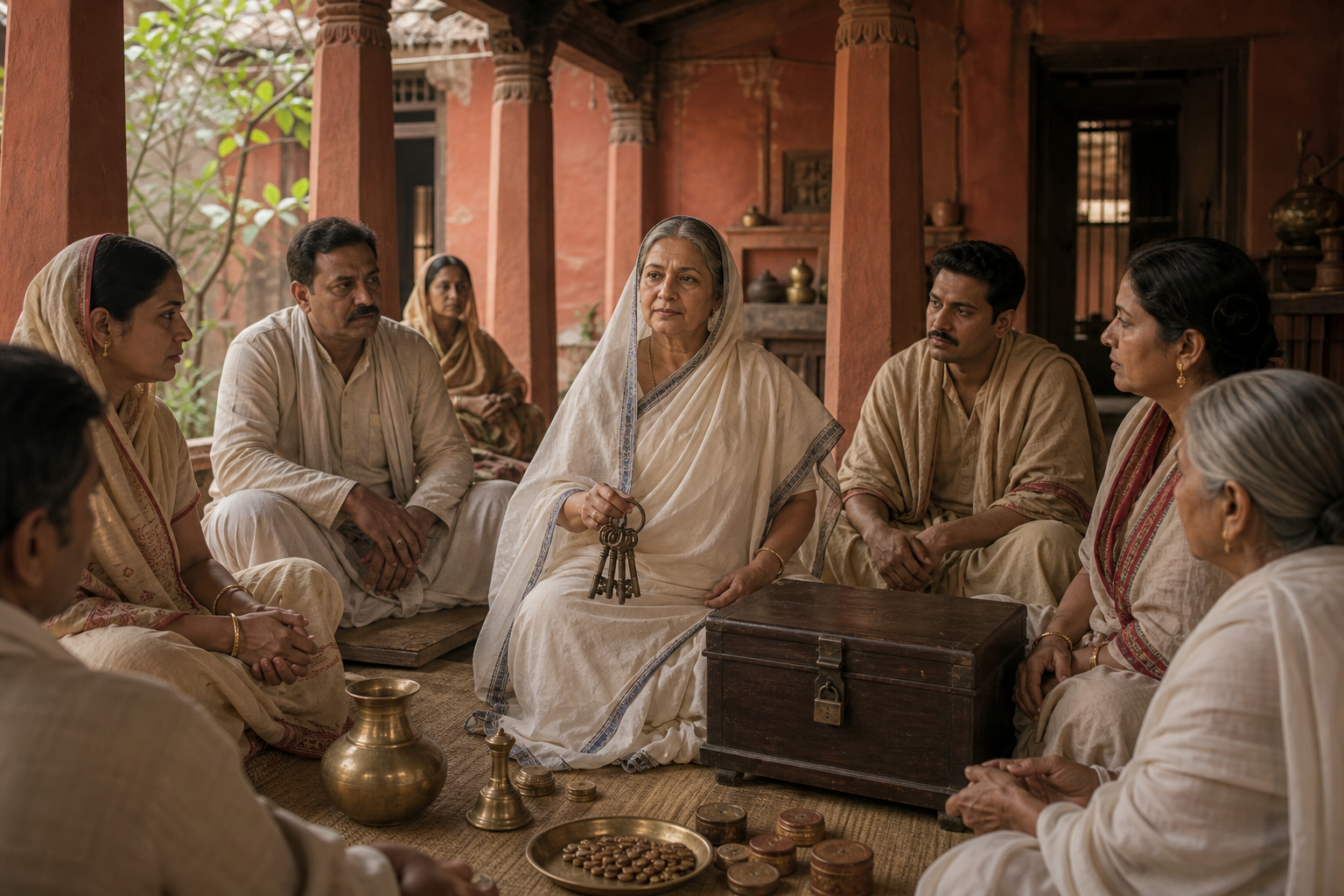 A widow holding household keys sits at the center of a family council beside a closed chest and ritual vessels.