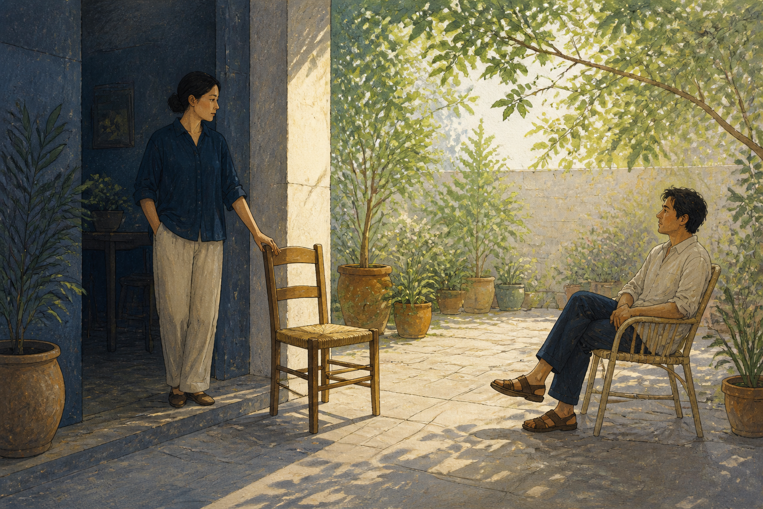 One adult stands by an empty chair at a shaded doorway while another waits at a respectful distance on a sunlit garden veranda.