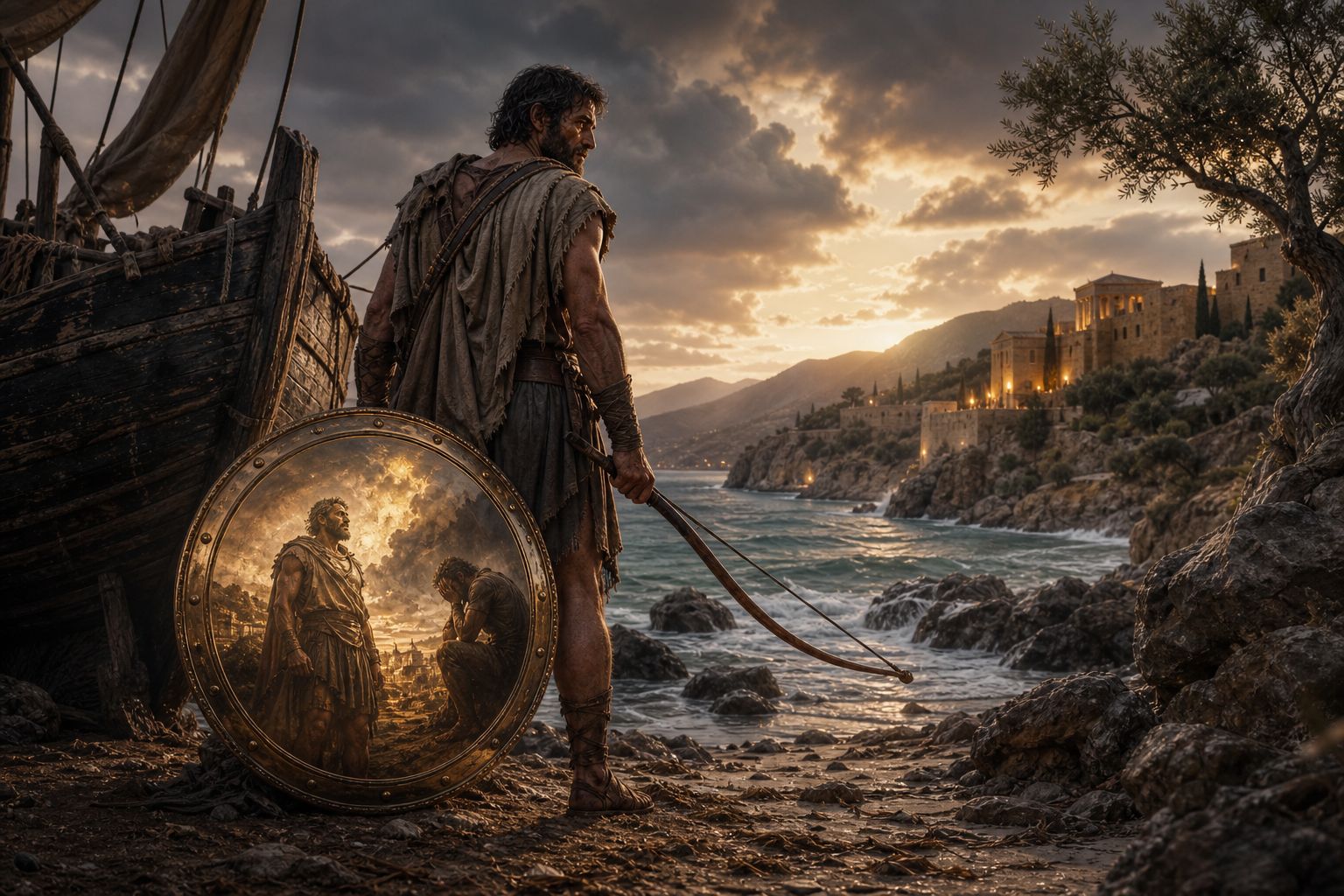 Odysseus stands on the shore of Ithaca beside a bronze shield that reflects two different emotional versions of him.