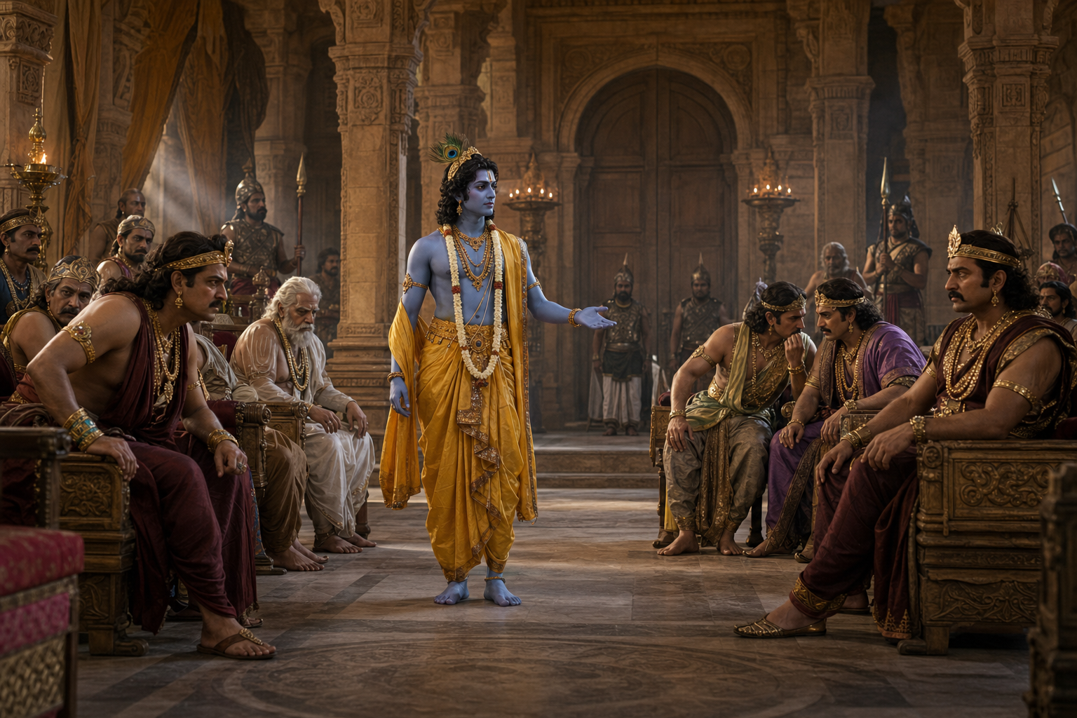 Krishna addresses a tense royal assembly as an unarmed peace envoy while princes, elders, attendants and concealed guards react around the hall.