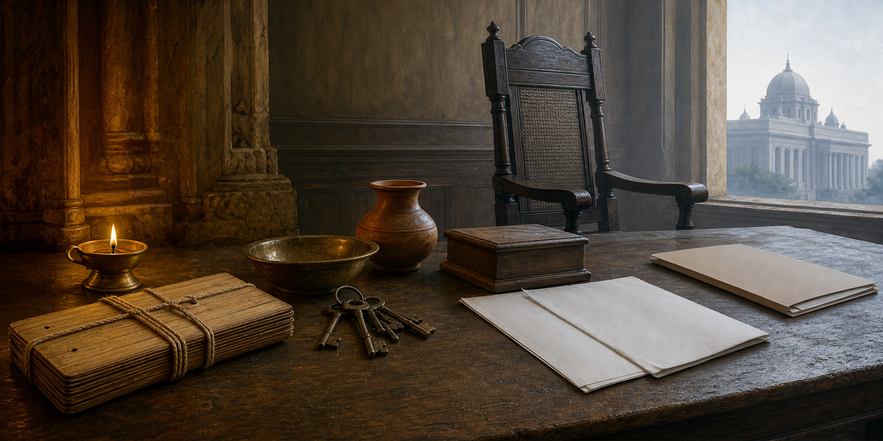 Four separated still-life groups show a palm-leaf manuscript, household objects, colonial courtroom furnishings, and a modern courthouse setting.