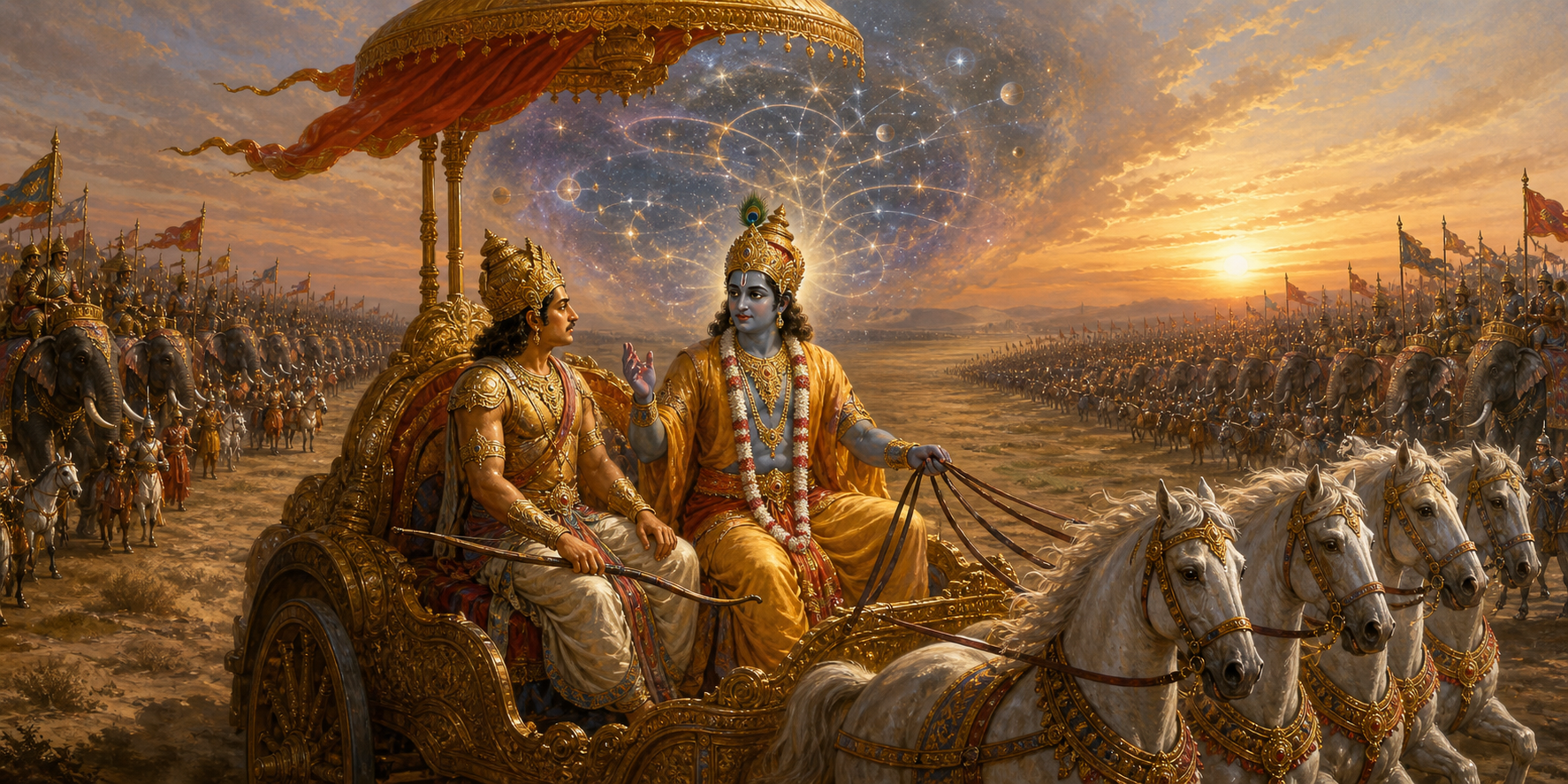 Arjuna lowers his bow while Krishna addresses him from their chariot between two assembled armies.
