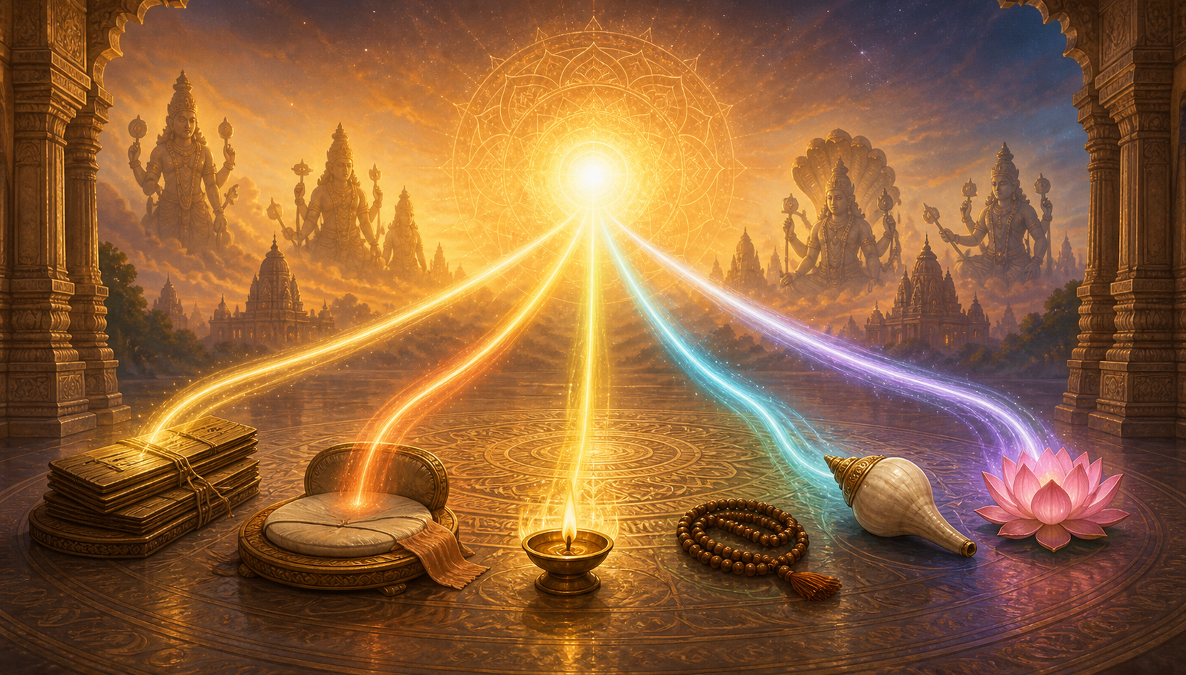 Streams of colored light from one central radiance connect closed manuscripts, prayer objects, a meditation seat, and several sacred silhouettes in a temple-like setting.