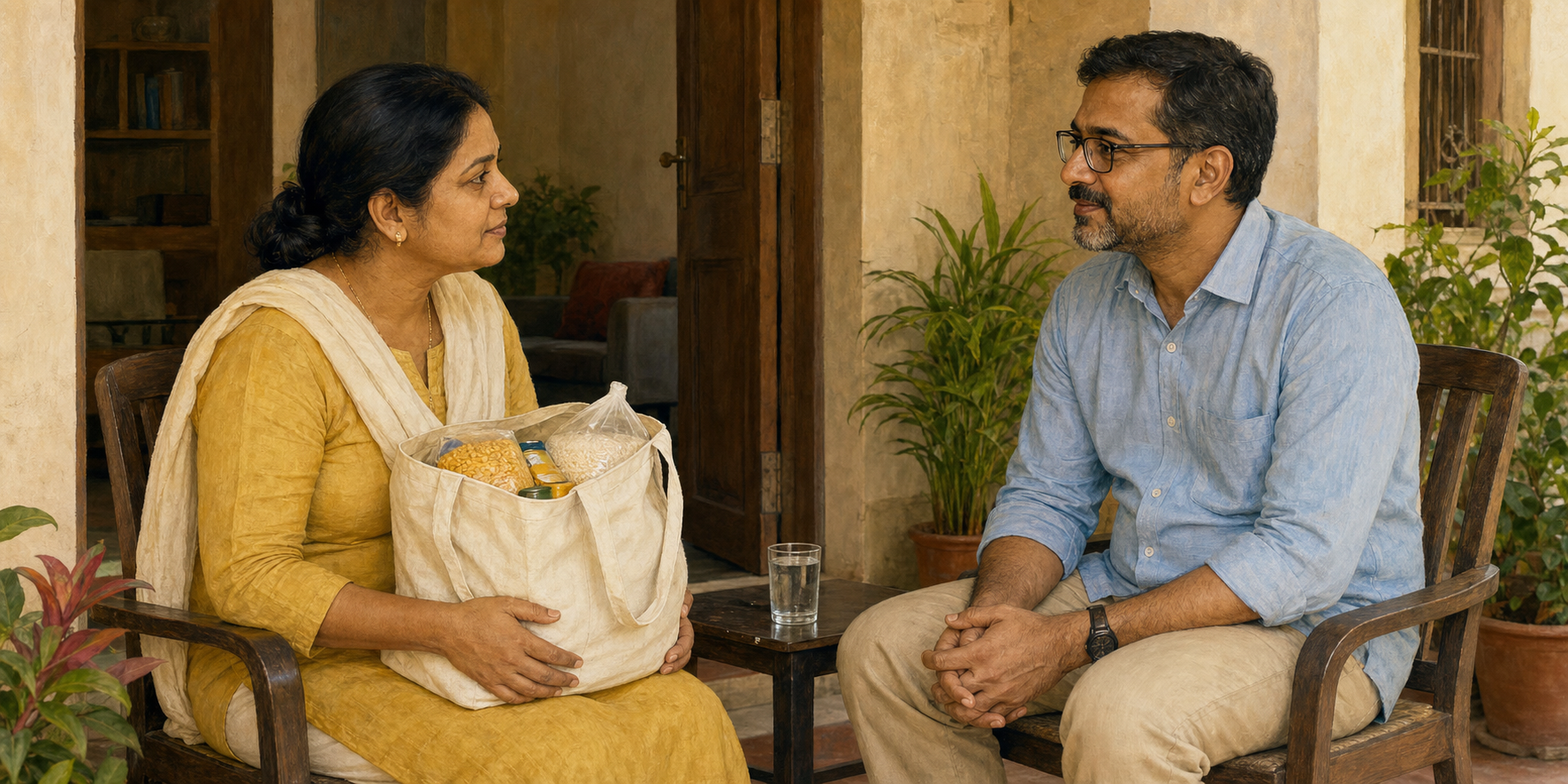 Two adults seated at equal height on a veranda speak face to face beside a reusable bag of food and a glass of water.