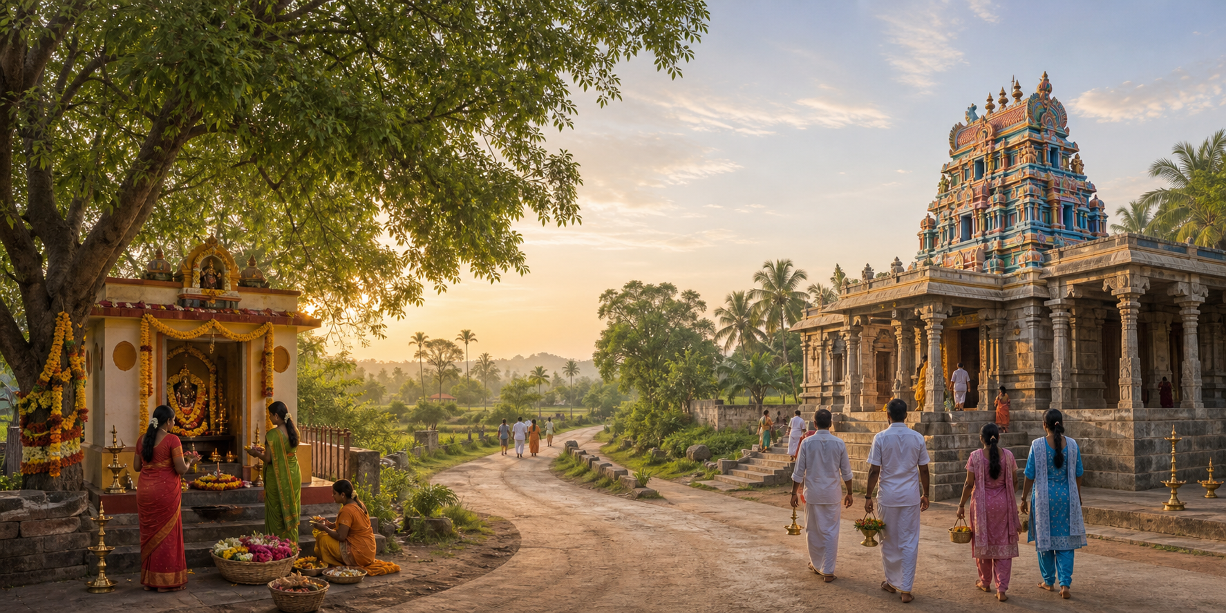 Illustration of two distinct Tamil Nadu goddess temples, one in a neem-shaded village and another in a busy town, connected by a winding road with devotees approaching.