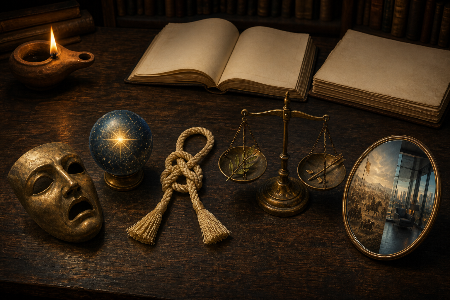 Five symbolic objects, including a mask, celestial sphere, cord, scale, and mirror, are arranged on a scholar's table.