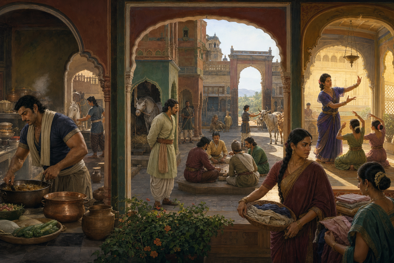 The disguised Pandavas and Draupadi perform court, kitchen, dance, stable, cattle and attendant duties in different areas of Virata's palace.