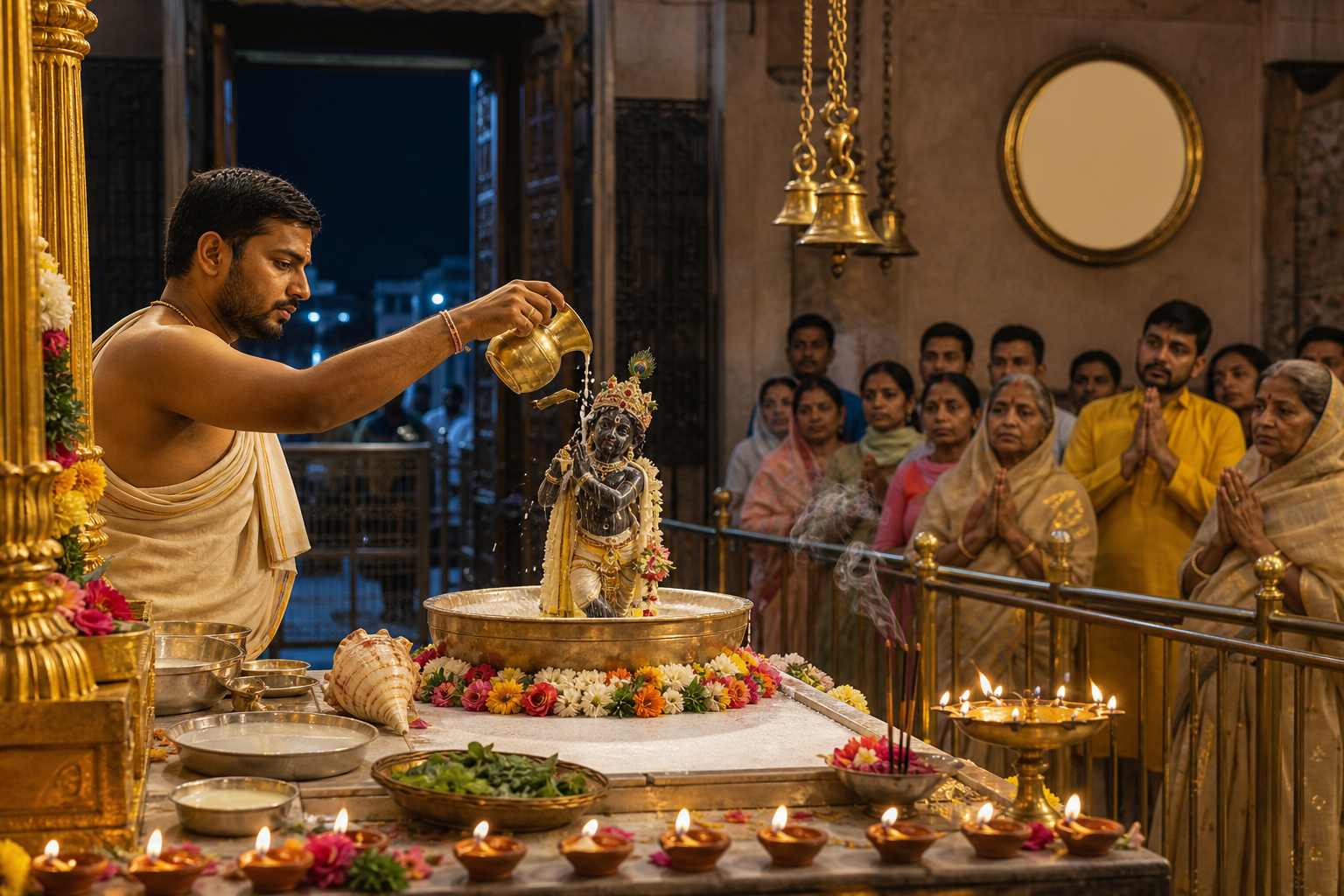 A priest performs a midnight abhisheka for a small Krishna murti as devotees watch inside a decorated temple.